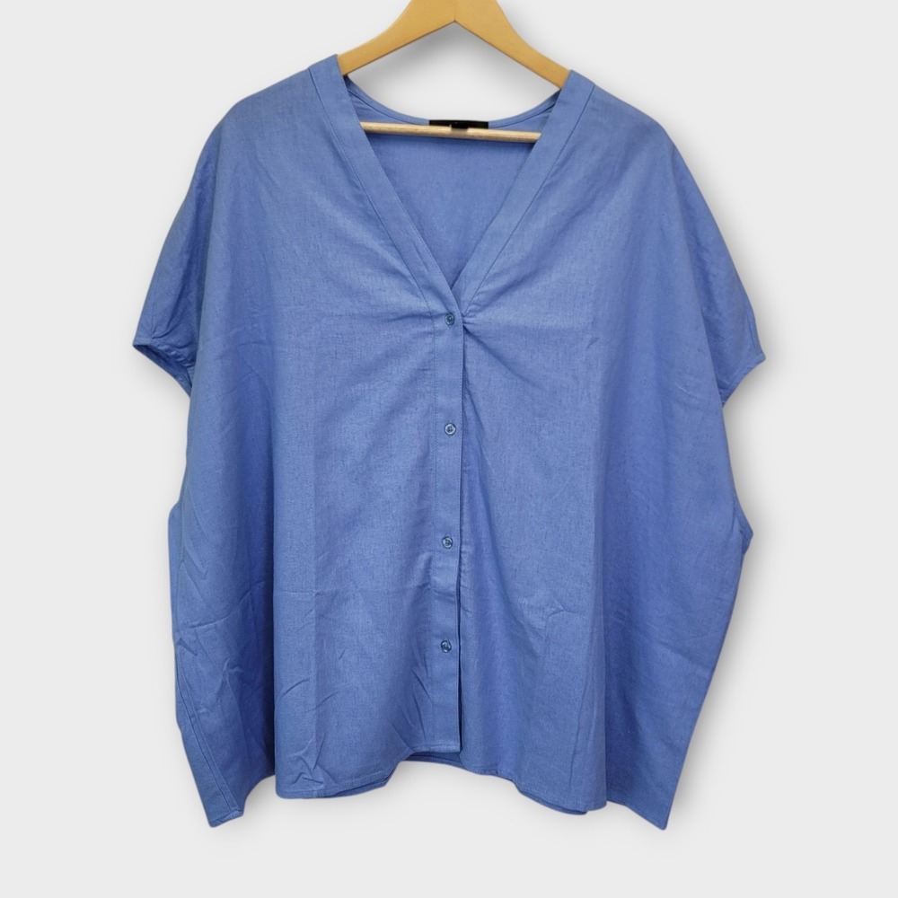 Ellos Linen Blend Button Front Top Womens 14 16 Oversized Blue Coastal Lagenlook